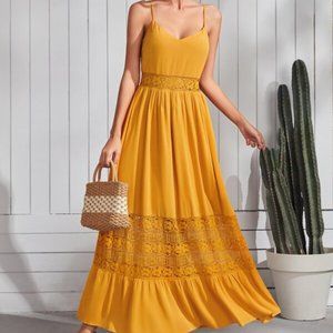BOHO BEAUTIFUL Lace Insert Ruffle Hem Slip Dress Yellow